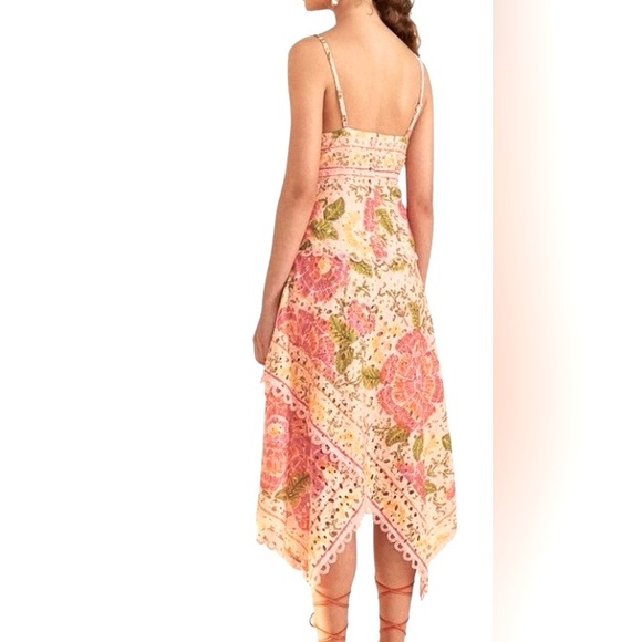 Farm Rio / Printed Eyelet Asymmetrical Dress / Boho Floral Midi Dress - Picture 2 of 3